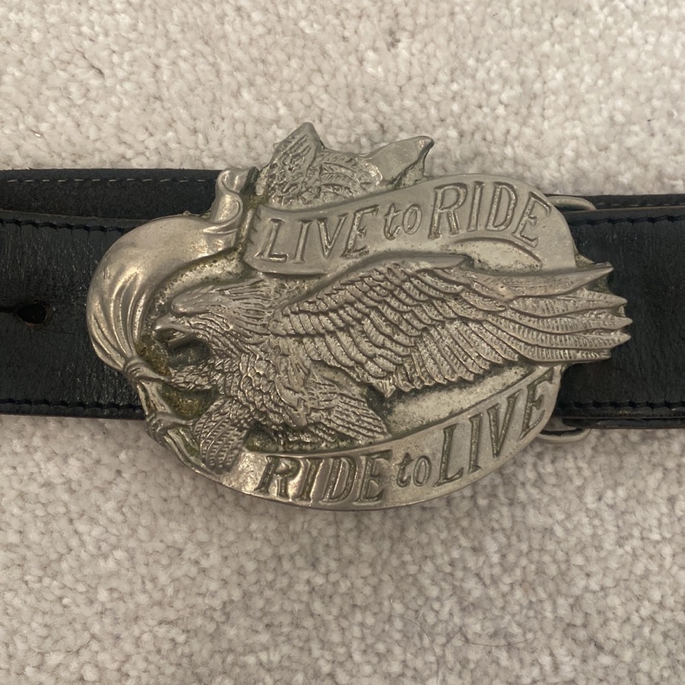 Harley Motto Eagle Buckle Hand Tooled Leather Belt vintage - Picture 2 of 4